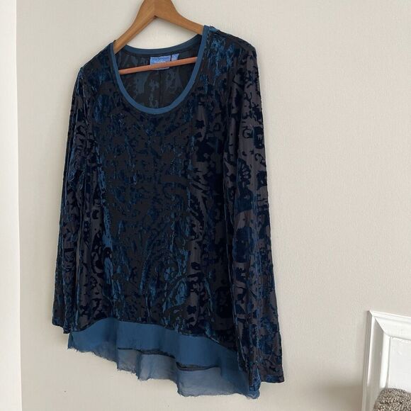 Simply Vera Wang Burnout Velvet Top Sz XL Teal Black Whimsigoth Fairy Grunge - Picture 9 of 12